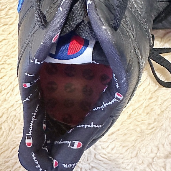 Champion Soft Leather Black Sneakers with Blue & Red Logo Accents - Picture 7 of 7